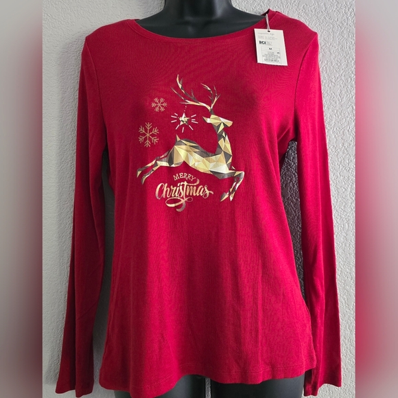 Custom Merry Christmas Gold Reindeer Ribbed Long Sleeve T-Shirt -Size Medium - Picture 1 of 4
